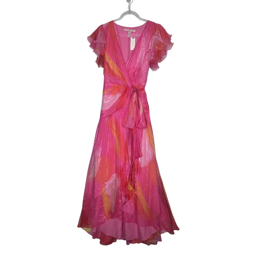 Hutch Anthropologie Watercolor Wrap Maxi Dress Pink Coral Yellow Small NWT - Picture 2 of 16